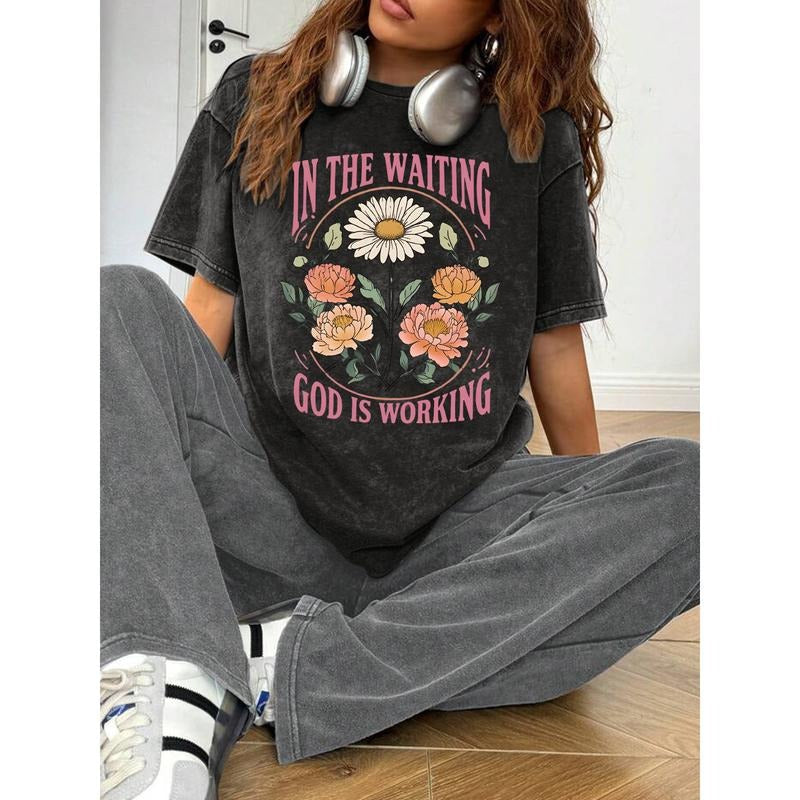 Inspirational Washed WAITING GOD IS WORKING" Floral - Adult & Kids T-Shirts, Sweatshirts & Hoodies apparel design preview 1