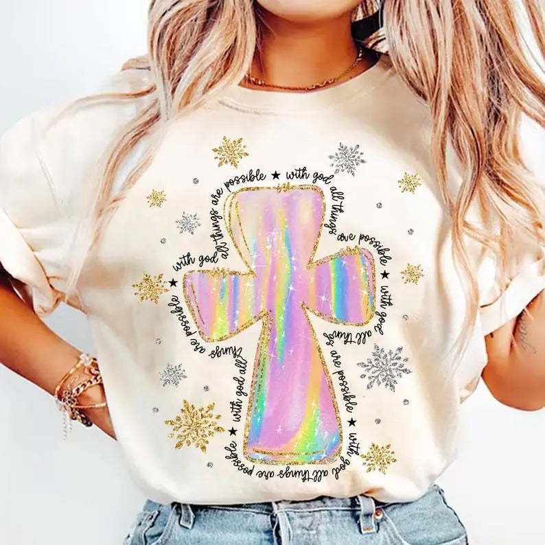 Iridescent Christian Cross God All Things Are - Adult & Kids T-Shirts, Sweatshirts & Hoodies apparel design preview 1