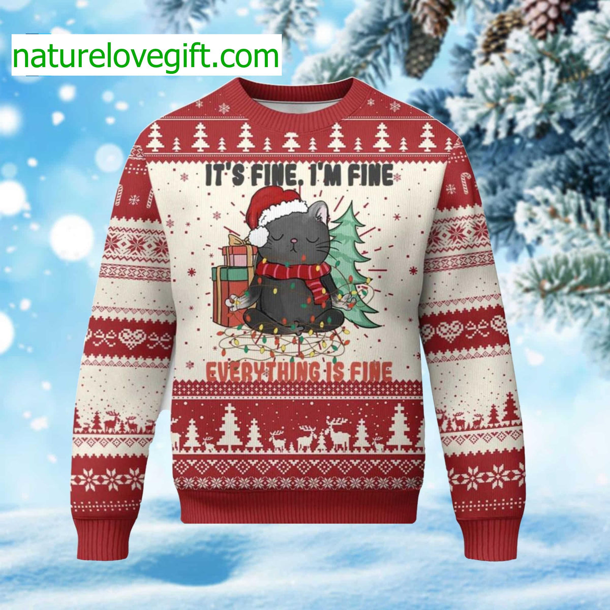 It’s Fine I’m Fine Everything Is Fine Black Cat Ugly Christmas Sweater - Holiday Gift product image