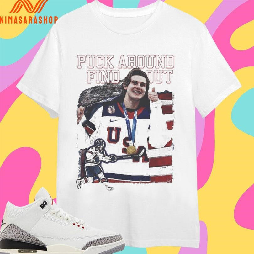 Jack Hughes Puck Around Find Out Champions 2026 - Adult & Kids T-Shirts, Sweatshirts & Hoodies apparel design preview 1