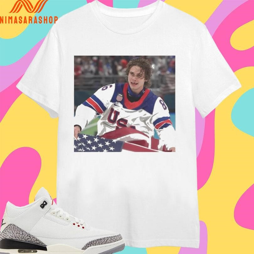 Jack Hughes USA Hockey American Flag Skate Portrait - Adult & Kids T-Shirts, Sweatshirts & Hoodies apparel design preview 1