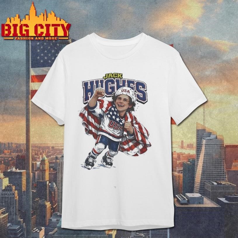 Jack Hughes USA Men's Hockey caricature - Adult & Kids T-Shirts, Sweatshirts & Hoodies apparel design preview 1