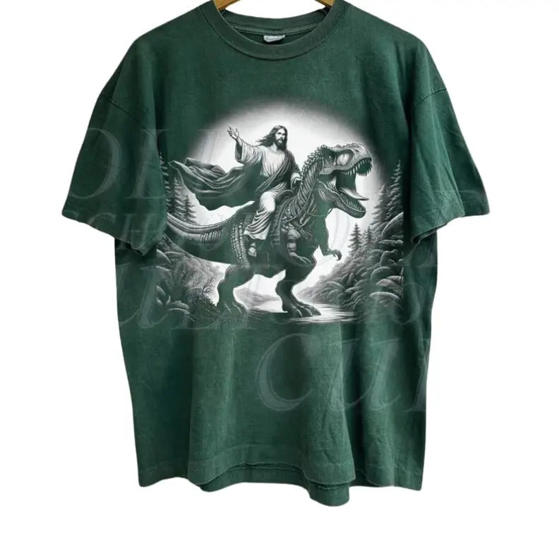 Jesus Riding Dinosaur Vintage 90s Hand Drawn - Adult & Kids T-Shirts, Sweatshirts & Hoodies apparel design preview 1