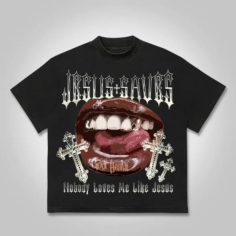 Jesus Saves Lips Cross Casual Y2K Cotton Top - Adult & Kids T-Shirts, Sweatshirts & Hoodies apparel design preview 1