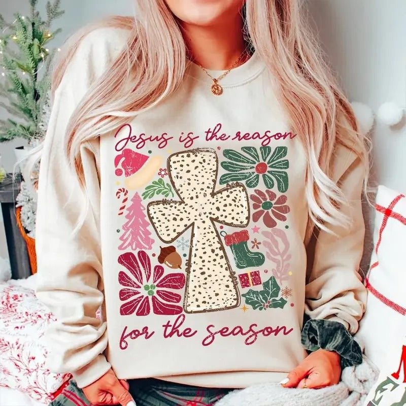 Jesus Is Reason Season Boho Floral Christian Cross - Adult & Kids T-Shirts, Sweatshirts & Hoodies apparel design preview 1