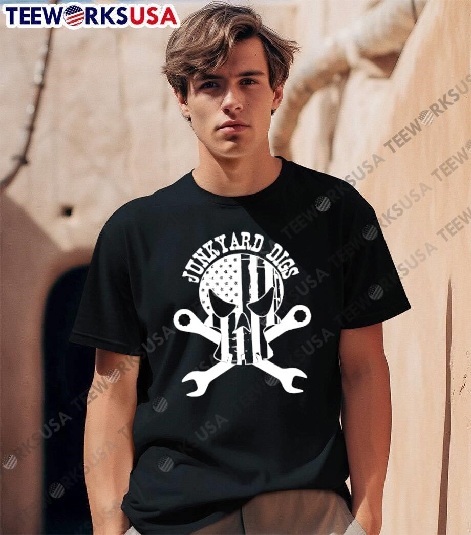 Junkyard Digs Skull American Flag Wrench Tool - Adult & Kids T-Shirts, Sweatshirts & Hoodies apparel design preview 1