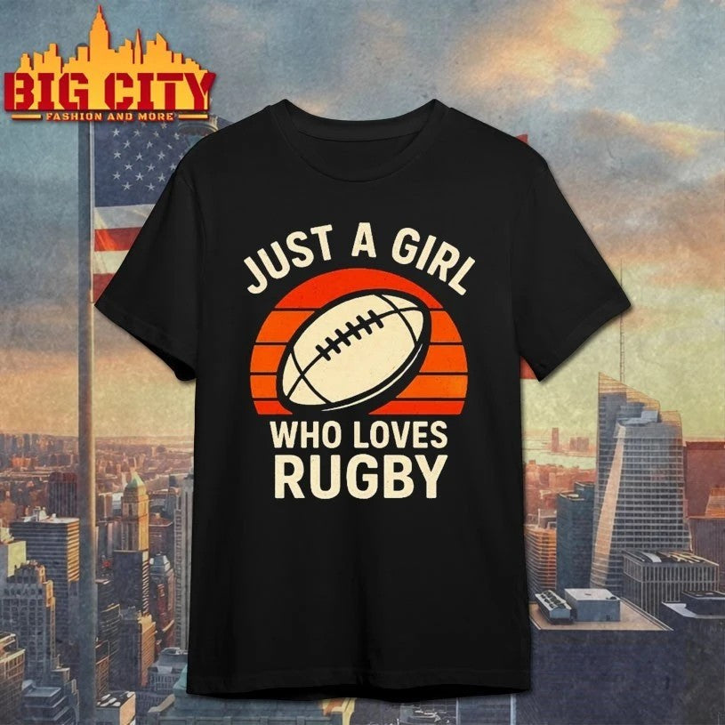 Just A Girl Who Loves Rugby Vintage Sunset - Adult & Kids T-Shirts, Sweatshirts & Hoodies apparel design preview 1