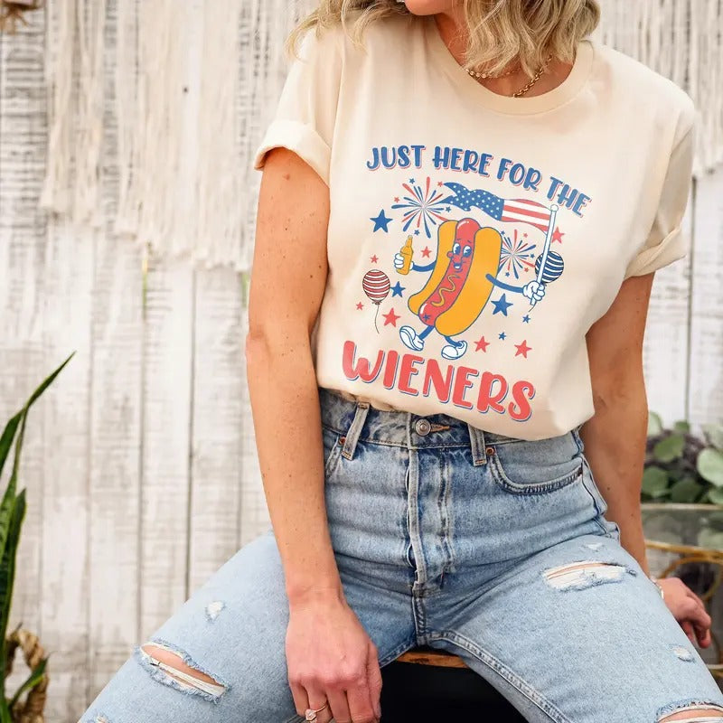 Just Here Wieners 4th July Funny Hotdog Retro America - Adult & Kids T-Shirts, Sweatshirts & Hoodies apparel design preview 1