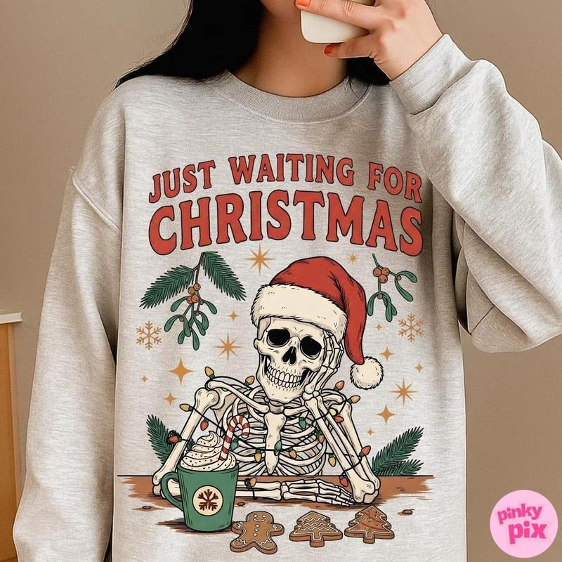 Just Waiting Skeleton Funny Sarcastic Retro Santa - Adult & Kids T-Shirts, Sweatshirts & Hoodies apparel design preview 1