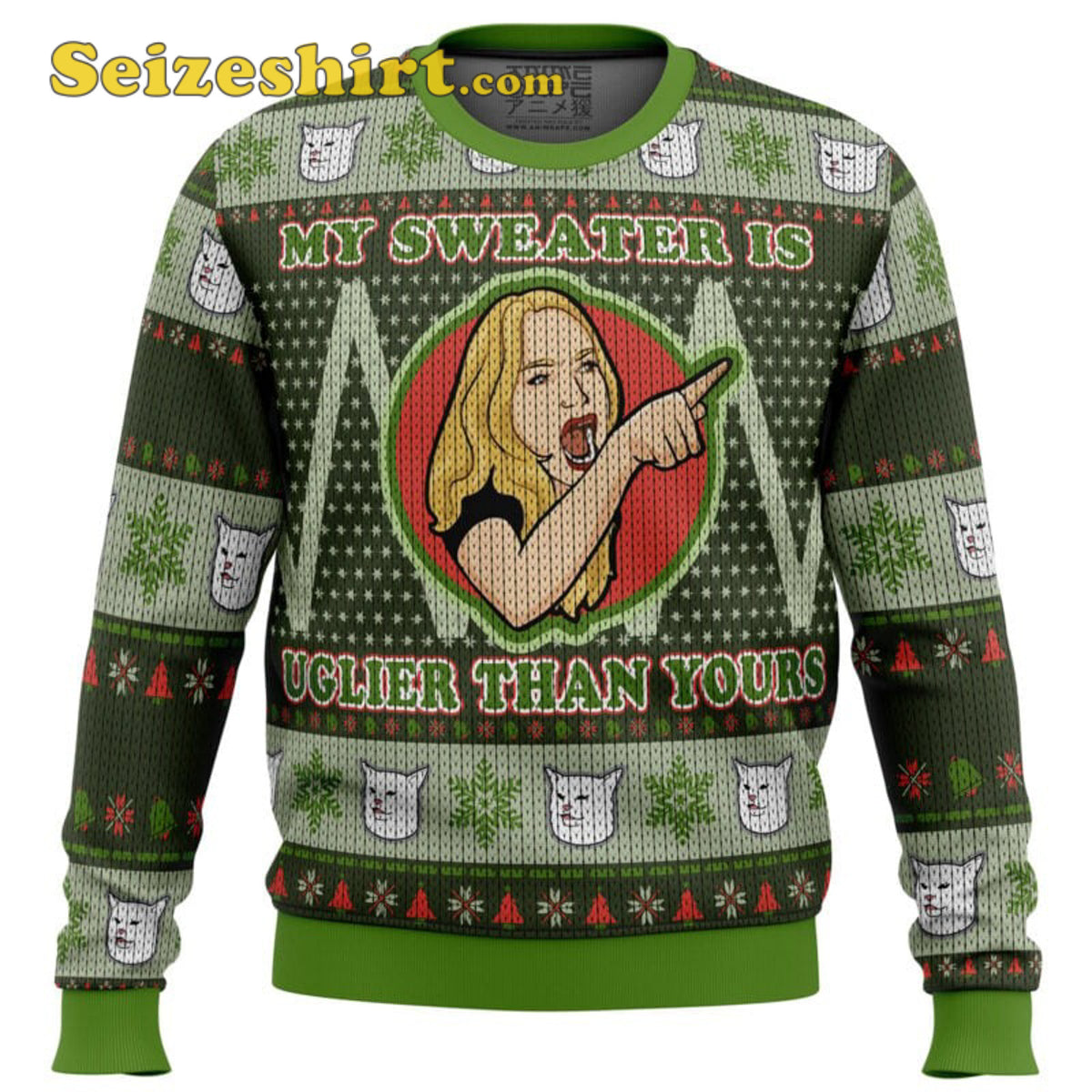 Karen Yelling at Grumpy Cat Meme Ugly V Neck Ugly Christmas Sweater - Gift for Animal Lovers product image