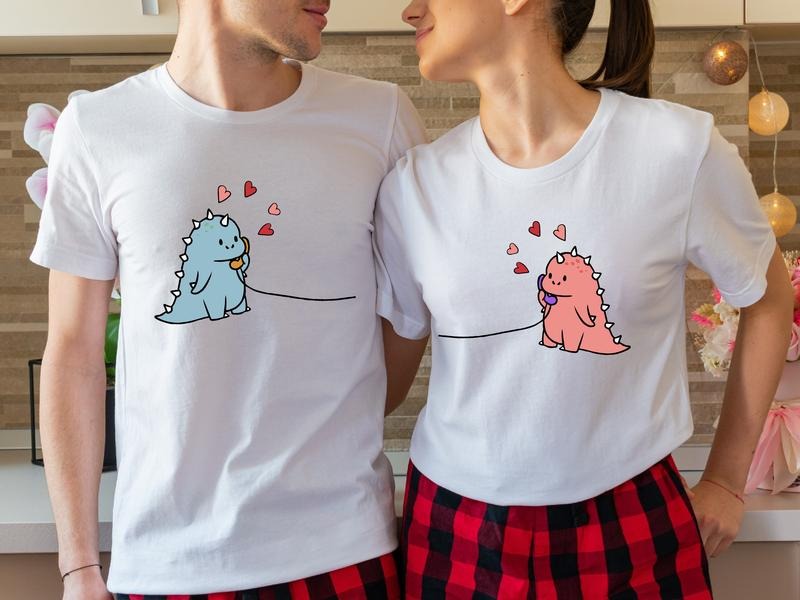 Kawaii Dinosaur Couple Cute Valentine Matching - Adult & Kids T-Shirts, Sweatshirts & Hoodies apparel design preview 1