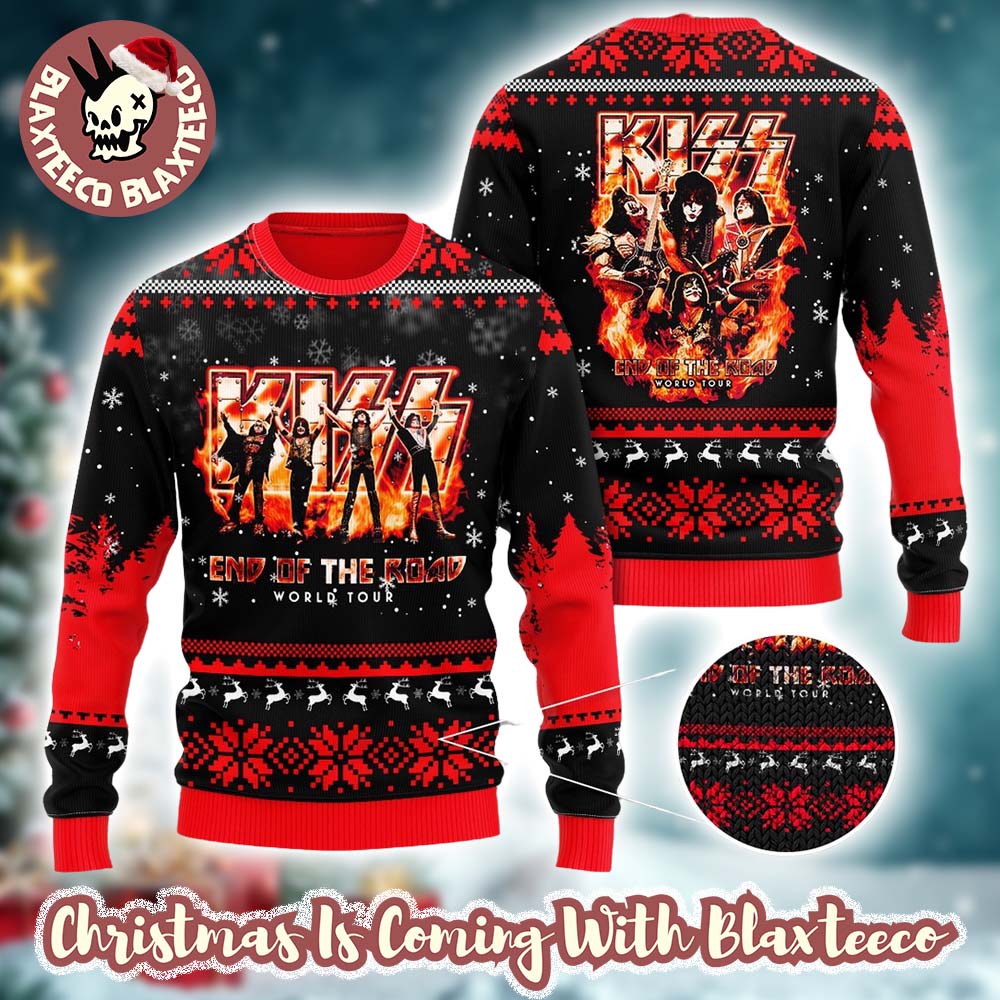 Kiss Band End Of The Road World Tour Tribute Flame Knitted Ugly Christmas Sweater - Holiday Gift product image