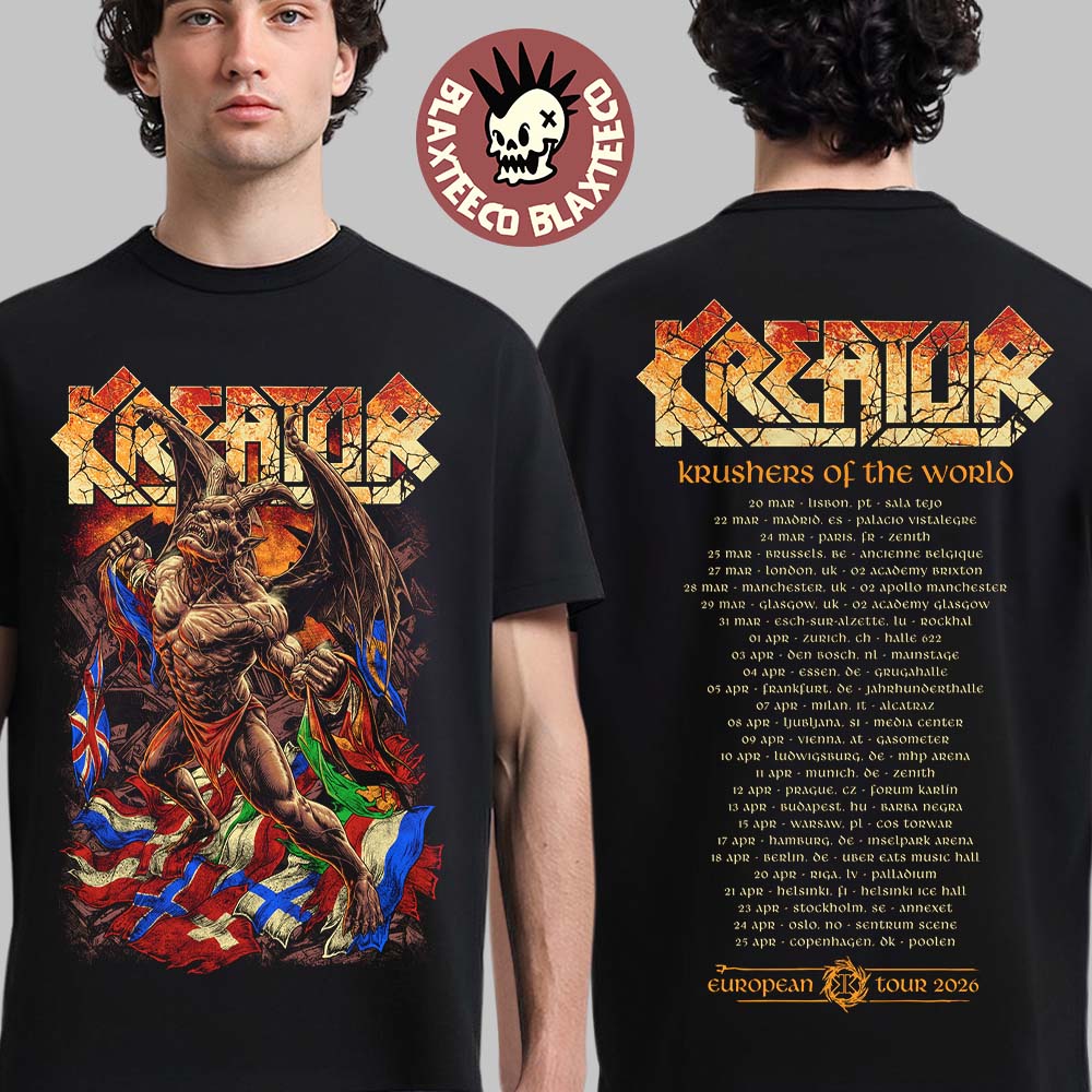 Kreator Krushers Of The World European Tour 2026 - Adult & Kids T-Shirts, Sweatshirts & Hoodies apparel design preview 1