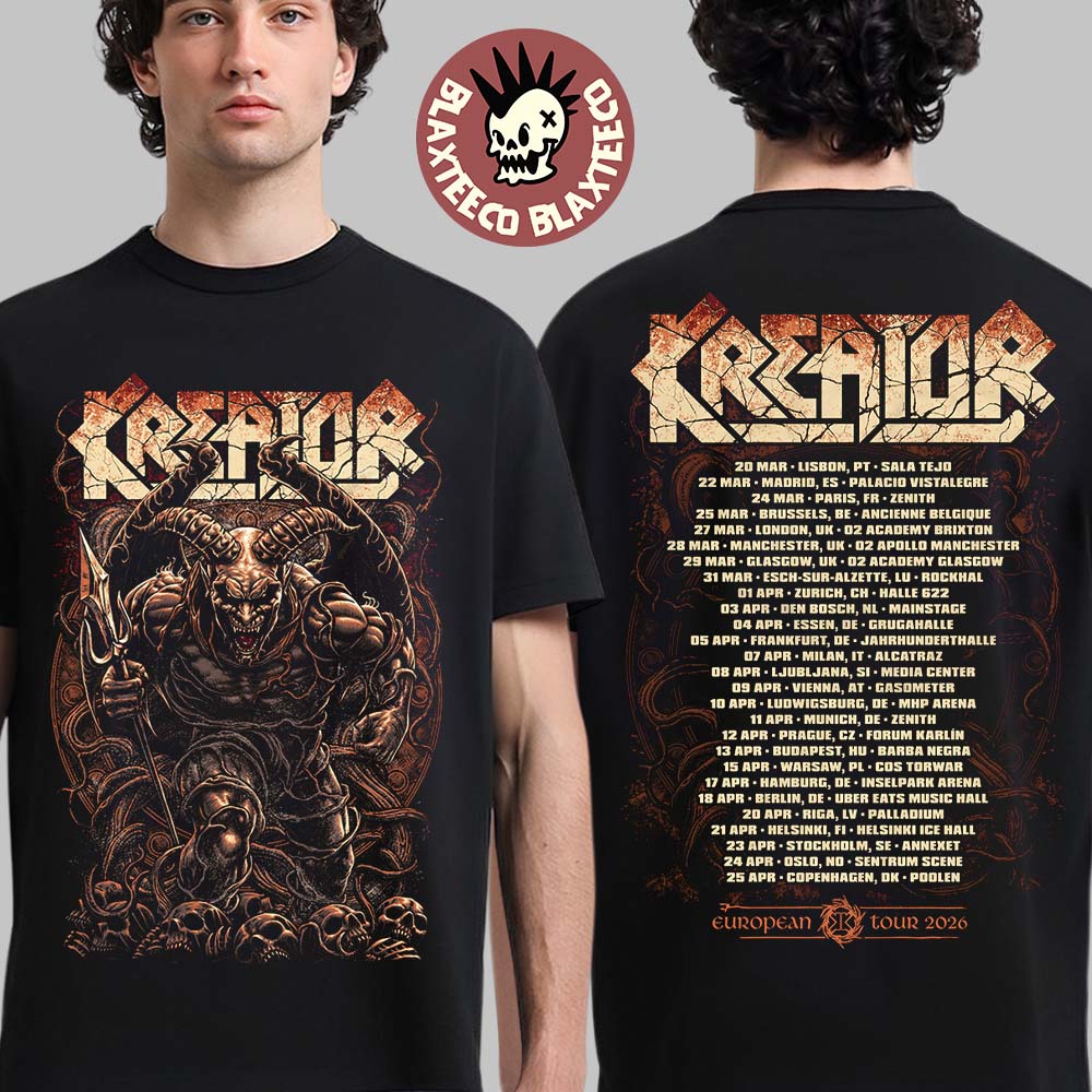 Kreator Krushers Of The World European Tour 2026 - Adult & Kids T-Shirts, Sweatshirts & Hoodies apparel design preview 1