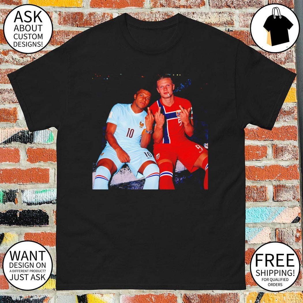 Kylian Mbappe and Erling Haaland smoking middle - Adult & Kids T-Shirts, Sweatshirts & Hoodies apparel design preview 1