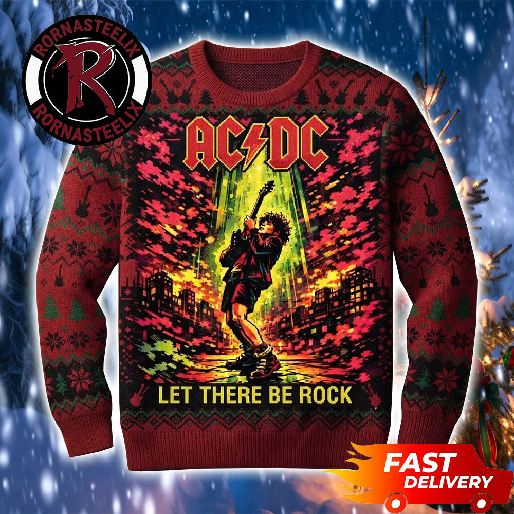 Let There Be Rock Angus Young Christmas Holiday ACDC Ugly Christmas Sweater - Holiday Gift product image