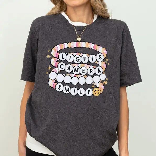Lights Camera Teach Smile Teacher Groovy Back School - Adult & Kids T-Shirts, Sweatshirts & Hoodies apparel design preview 1