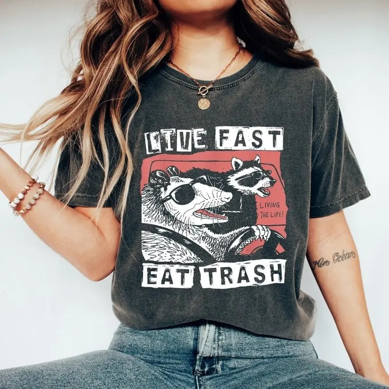 Live Fast Eat Trash Comfort Colors Racoon Meme Funny - Adult & Kids T-Shirts, Sweatshirts & Hoodies apparel design preview 1