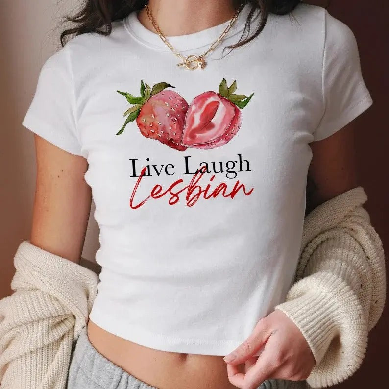Live Laugh Lesbian Retro Strawberry 90s Cotton Fit - Adult & Kids T-Shirts, Sweatshirts & Hoodies apparel design preview 1