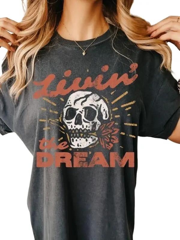 Livin' Dream Skull Comfort Colors Retro Grunge Dyed - Adult & Kids T-Shirts, Sweatshirts & Hoodies apparel design preview 1