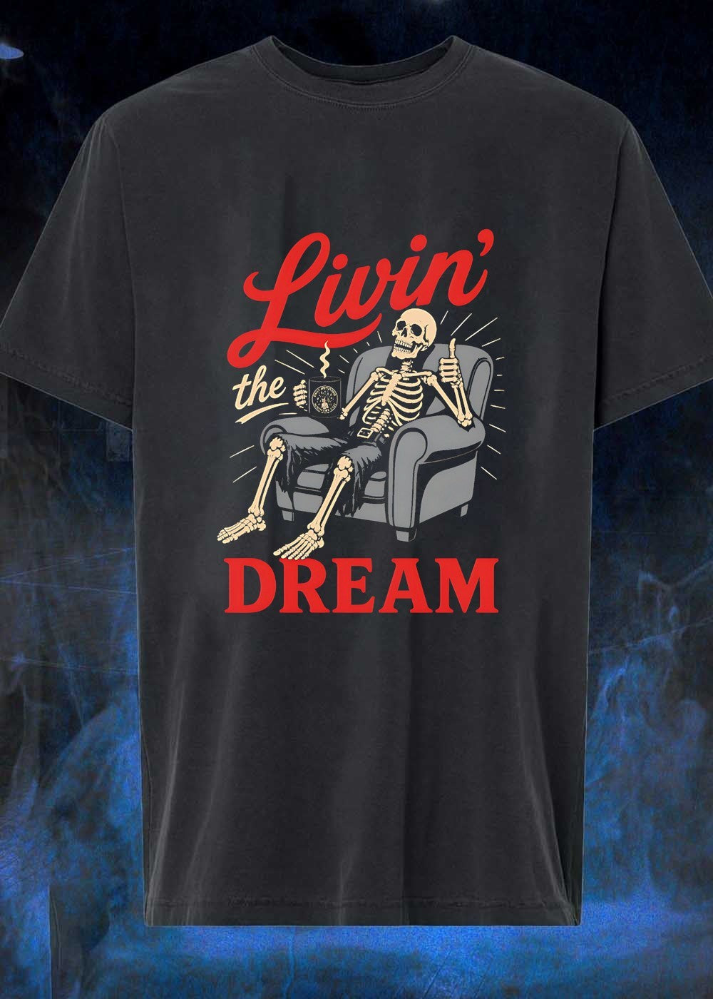 Livin the Dream Skeleton Relaxing in Armchair - Adult & Kids T-Shirts, Sweatshirts & Hoodies apparel design preview 1