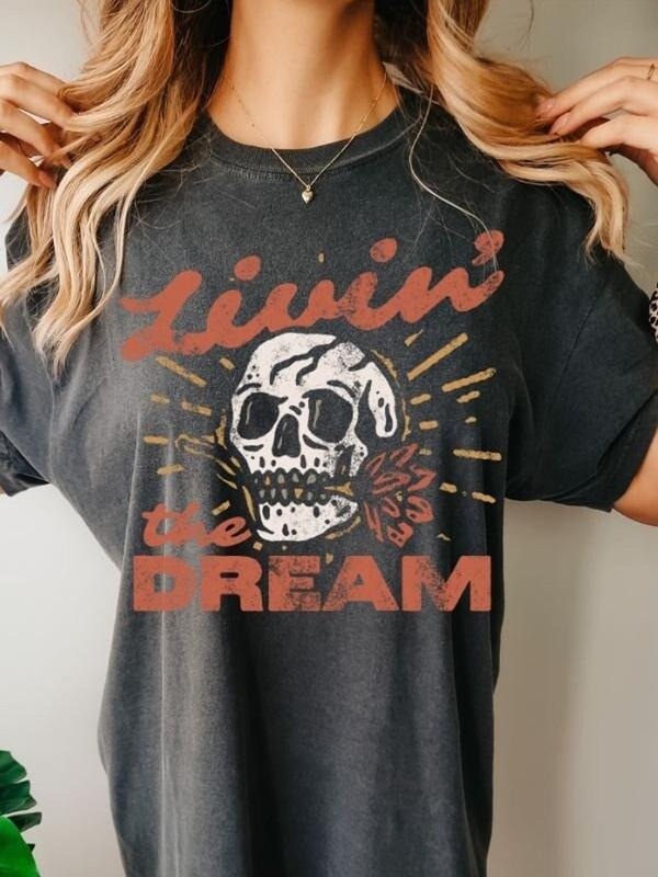 Livin Dream Dreamer Cute Skeleton Boho Western - Adult & Kids T-Shirts, Sweatshirts & Hoodies apparel design preview 1