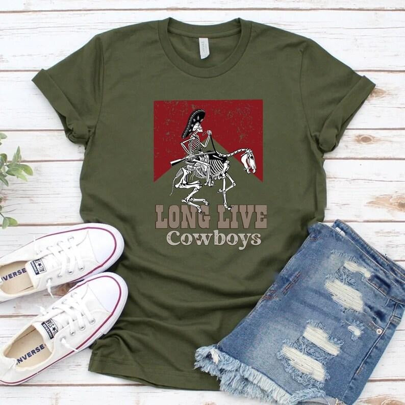 Long Live Cowboy Green Cotton Skeleton Western - Adult & Kids T-Shirts, Sweatshirts & Hoodies apparel design preview 1