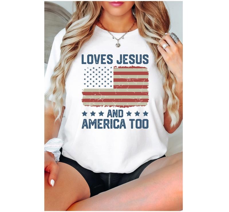 Loves Jesus America Too Christian 4th July - Adult & Kids T-Shirts, Sweatshirts & Hoodies apparel design preview 1