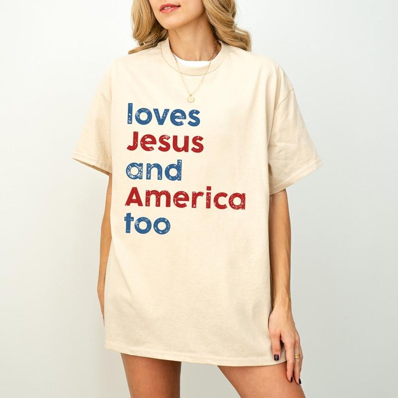 Loves Jesus America Too Patriotic Christian - Adult & Kids T-Shirts, Sweatshirts & Hoodies apparel design preview 1