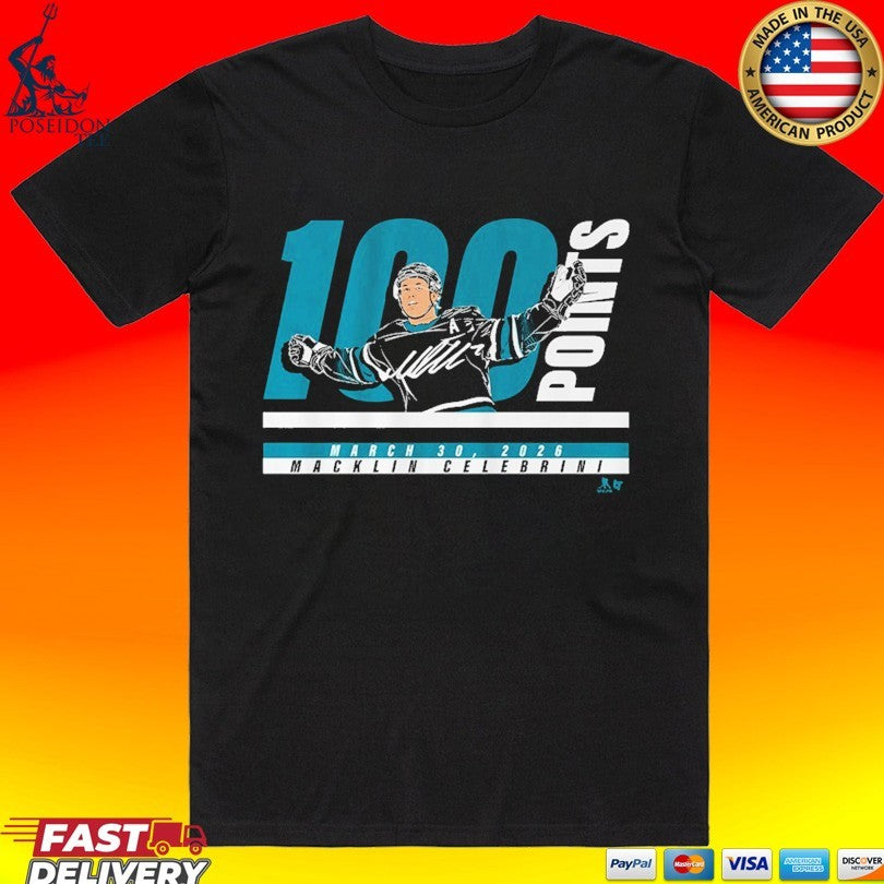 Macklin Celebrini 100 Points March 30 2026 - Adult & Kids T-Shirts, Sweatshirts & Hoodies apparel design preview 1
