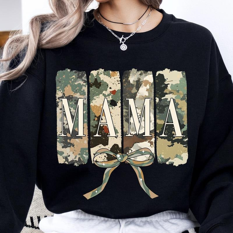 Mama Camo Camouflage Coquette Bow Varsity Duck - Adult & Kids T-Shirts, Sweatshirts & Hoodies apparel design preview 1