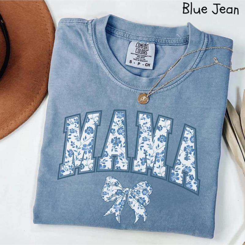 Mama Blue Ribbon Girly Mom Cute Bow Chinoiserie - Adult & Kids T-Shirts, Sweatshirts & Hoodies apparel design preview 1