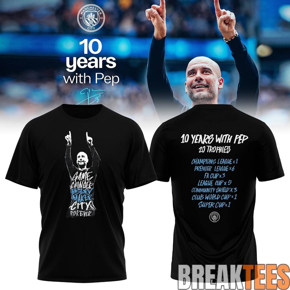 Manchester City Thank you Pep '10 Years with - Adult & Kids T-Shirts, Sweatshirts & Hoodies apparel design preview 1