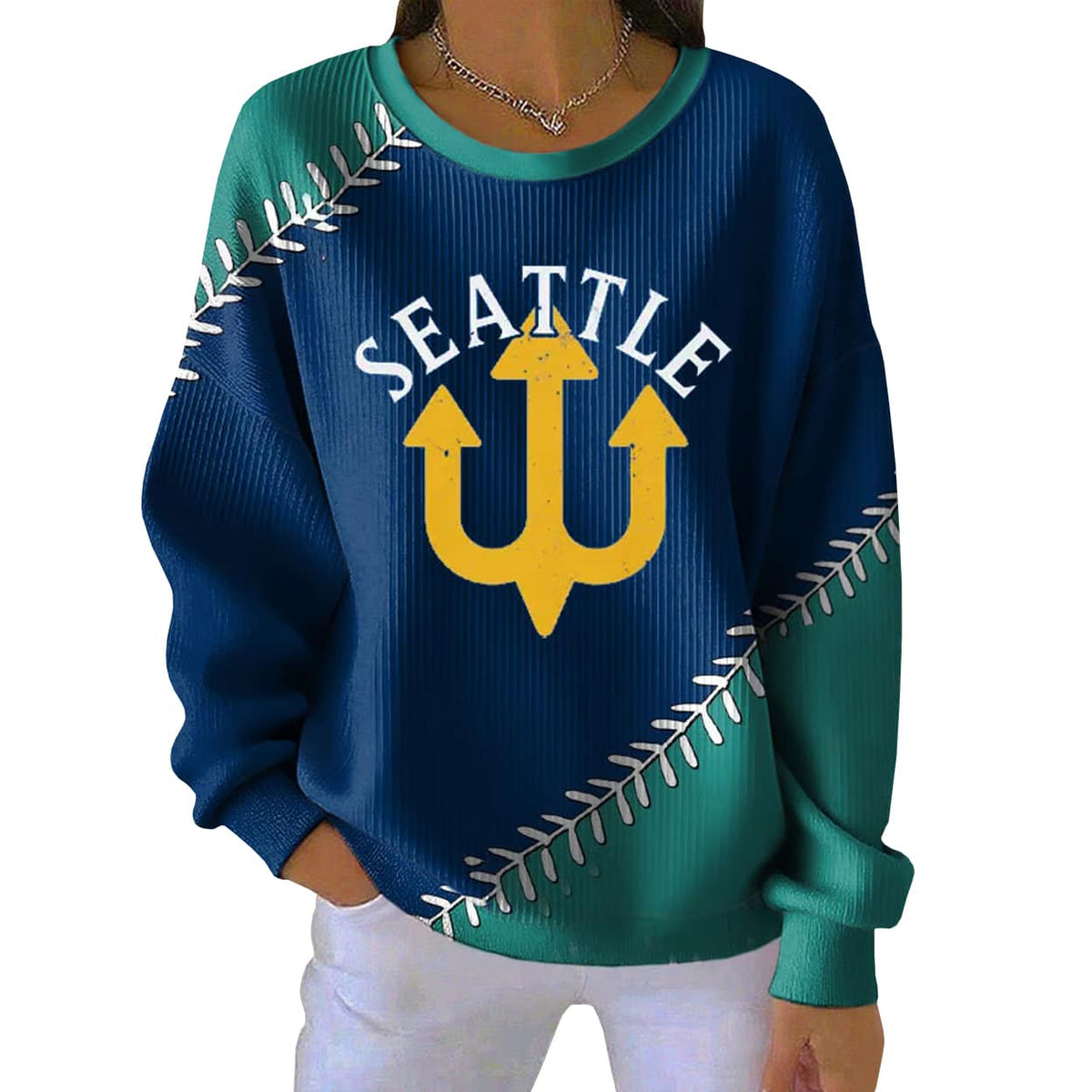Mariner Baseball Trident Print Ribbed Pit Striped Crew Neck Sweatshirt 3D Sweater - Gift for Sports & Hobby Fans product image