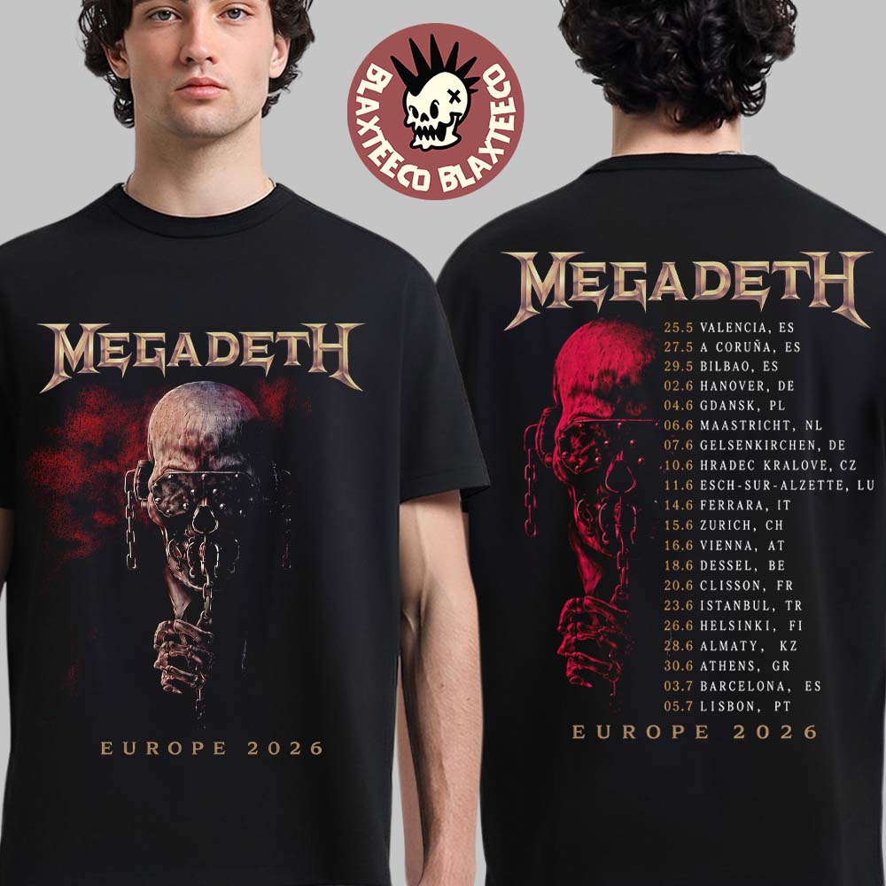 Megadeth Europe 2026 Tour Merch Vic Rattlehead With - Adult & Kids T-Shirts, Sweatshirts & Hoodies apparel design preview 1