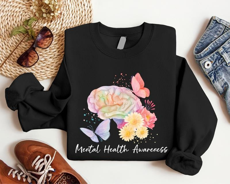 Mental Health Awareness Floral Brain Watercolor - Adult & Kids T-Shirts, Sweatshirts & Hoodies apparel design preview 1