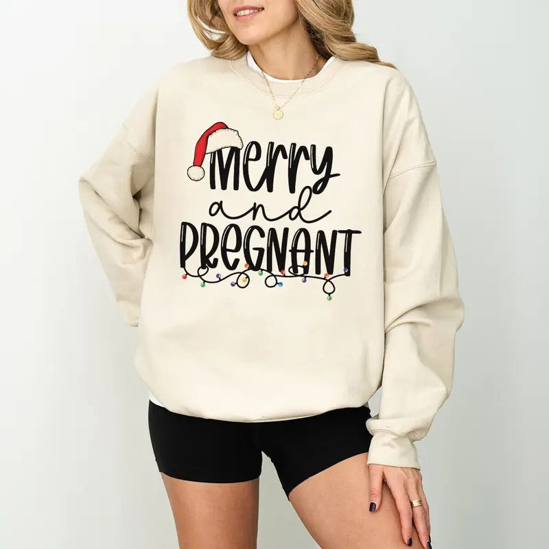 Merry Pregnant Pregnancy Announcement Baby Reveal Mom - Adult & Kids T-Shirts, Sweatshirts & Hoodies apparel design preview 1