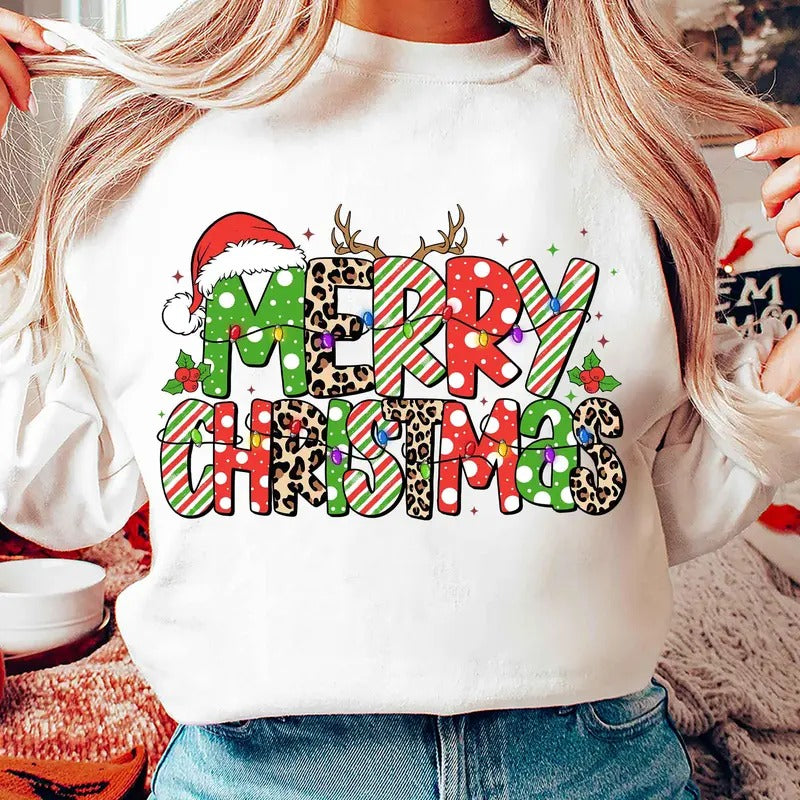 Merry Retro Leopard Reindeer Cozy Vintage Girly Xmas - Adult & Kids T-Shirts, Sweatshirts & Hoodies apparel design preview 1