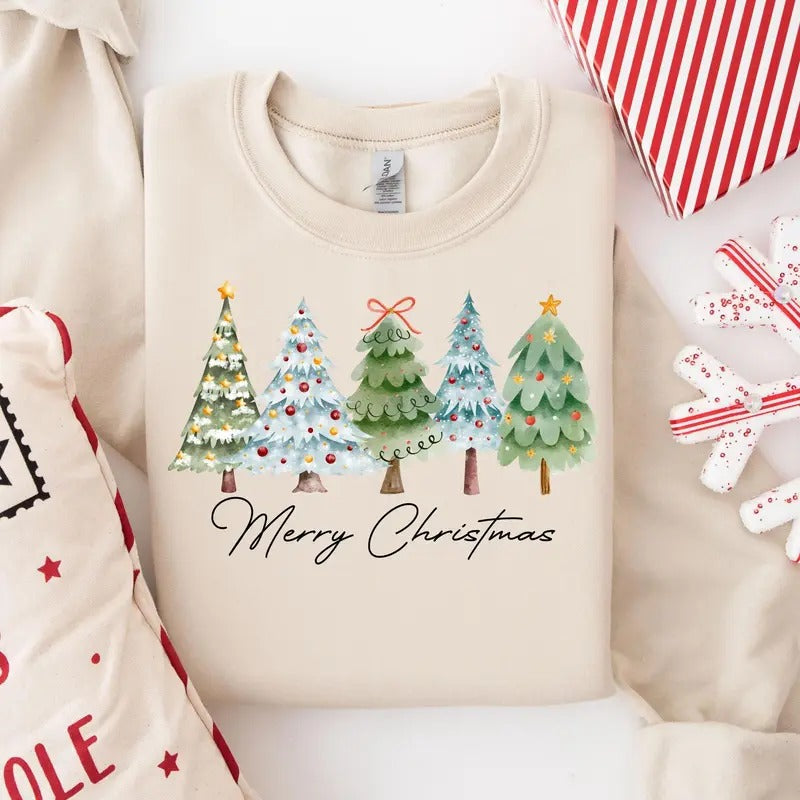 Merry Cute Tree Watercolor Cotton - Adult & Kids T-Shirts, Sweatshirts & Hoodies apparel design preview 1