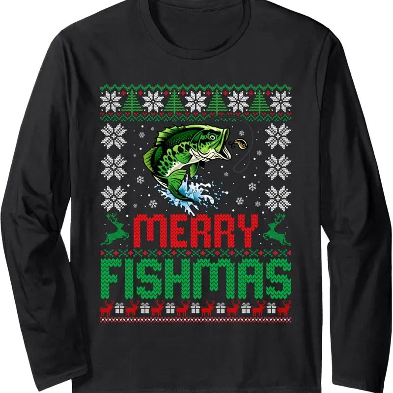 Merry Fishmas Bass Fish Fishing Ugly Xmas - Adult & Kids T-Shirts, Sweatshirts & Hoodies apparel design preview 1