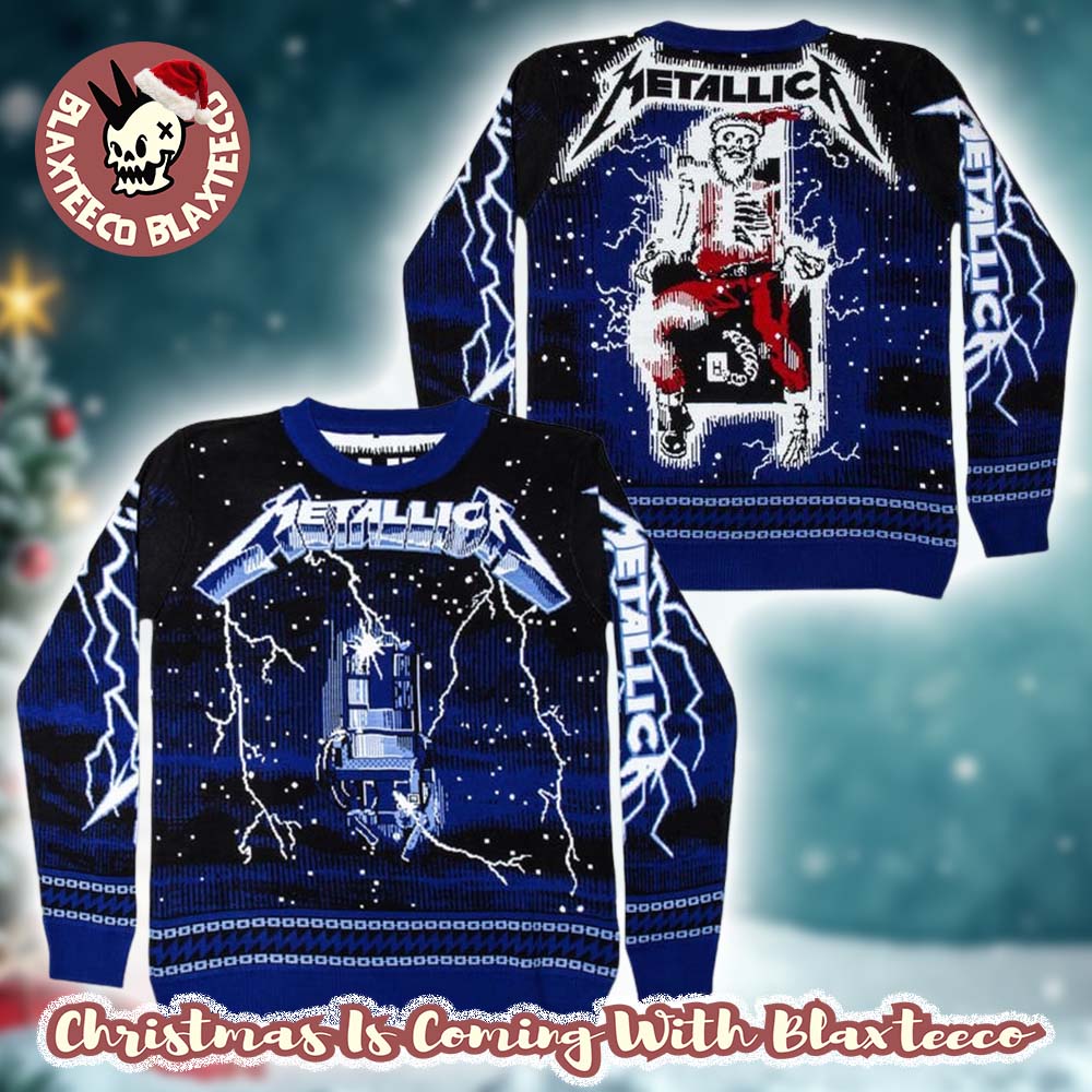 Metallica Ride The Lightning Electric Chair And Skeleton Santa Ugly Christmas Sweater - Holiday Gift product image
