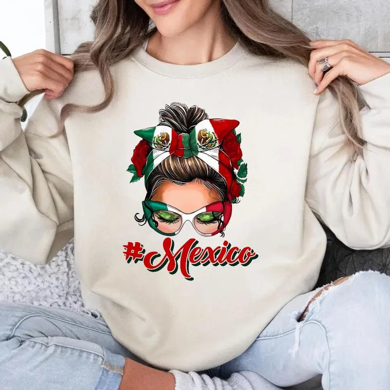 Mexico Messy Bun Mexican Flag Woman Cute Latina Mom - Adult & Kids T-Shirts, Sweatshirts & Hoodies apparel design preview 1