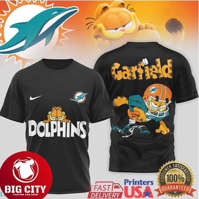 Miami Dolphins Garfield Football Character Two Sided - Adult & Kids T-Shirts, Sweatshirts & Hoodies apparel design preview 1