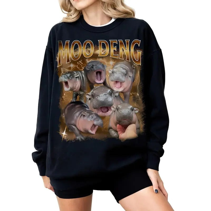 Moo Deng Pygmy Hippo Vintage 90s Cute Meme 100% - Adult & Kids T-Shirts, Sweatshirts & Hoodies apparel design preview 1