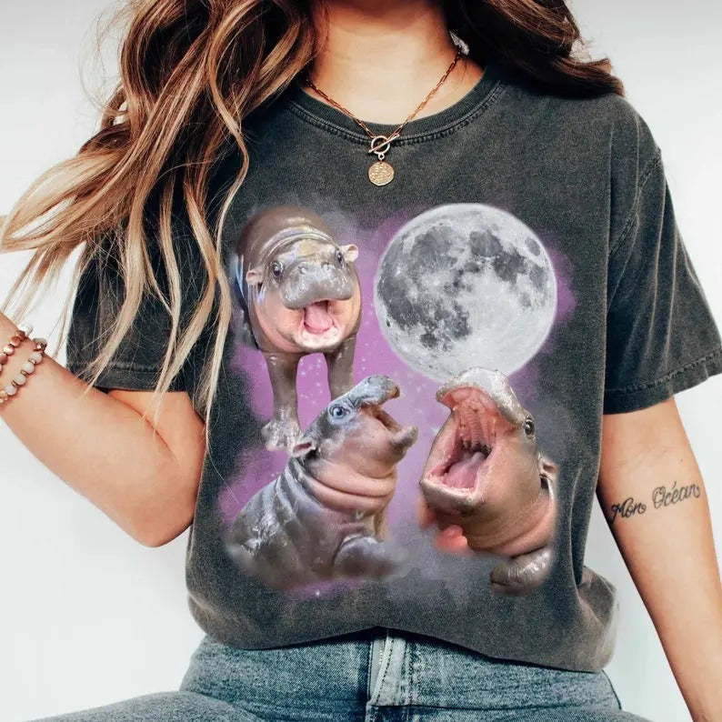 Moo Deng Moon Cute Baby Hippo Bouncy Pig Thai - Adult & Kids T-Shirts, Sweatshirts & Hoodies apparel design preview 1