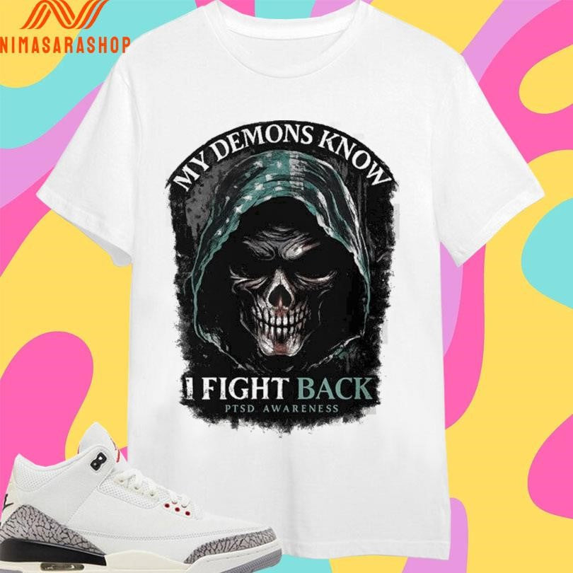 My Demons Know I Fight Back PTSD Awareness Skull - Adult & Kids T-Shirts, Sweatshirts & Hoodies apparel design preview 1
