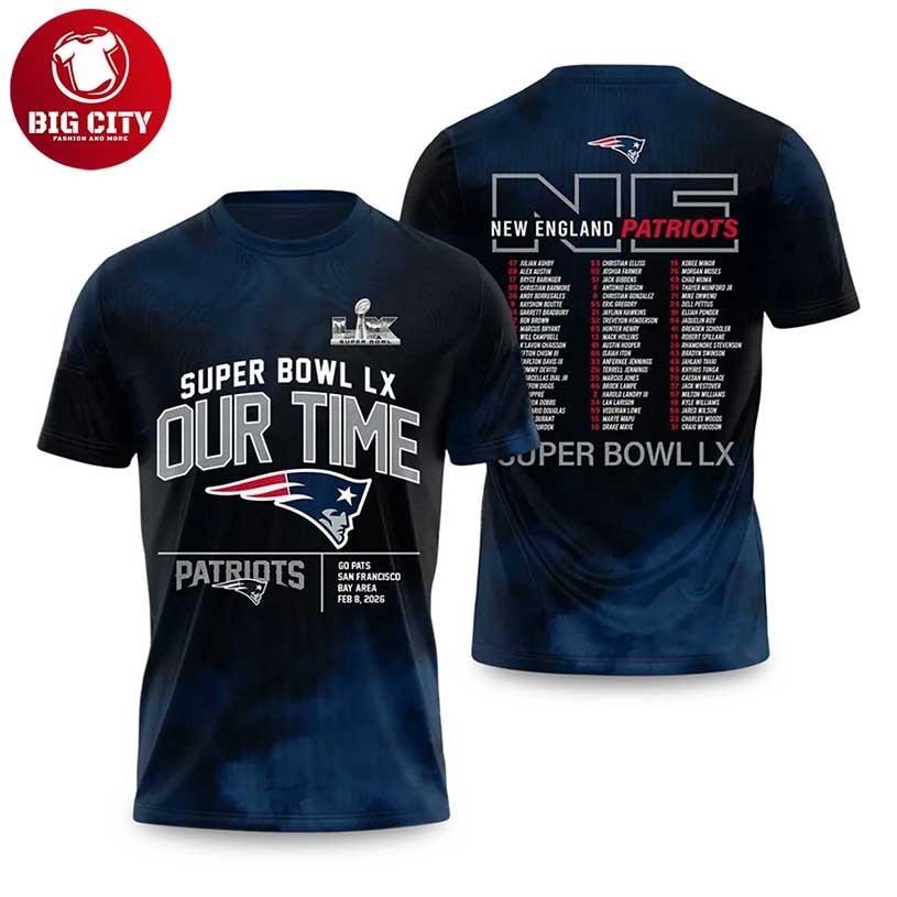 NE Patriots Bowl LX Our Time Two Sided - Adult & Kids T-Shirts, Sweatshirts & Hoodies apparel design preview 1