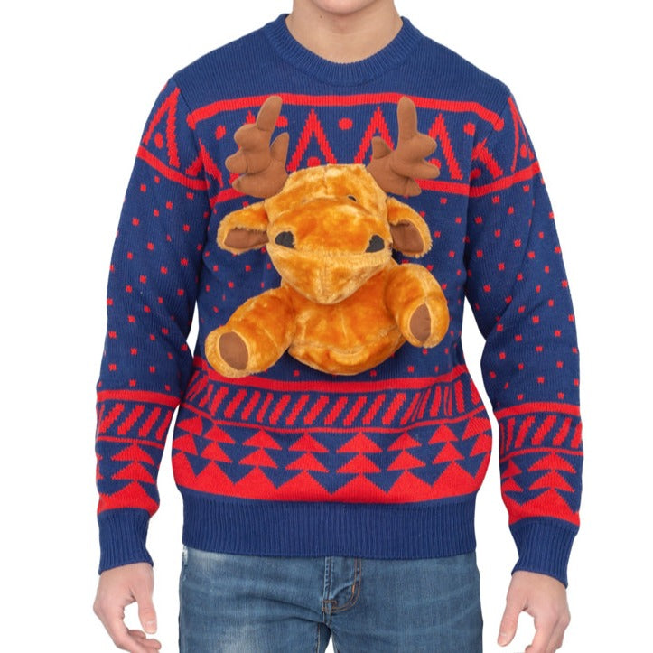 Navy 3-D Christmas with Stuffed Moose Ugly Christmas Sweater - Holiday Gift product image
