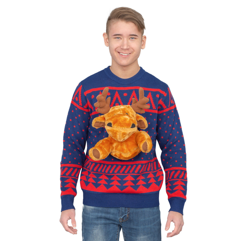 Navy 3-D Christmas with Stuffed Moose Ugly Christmas Sweater - Holiday Gift product image 3