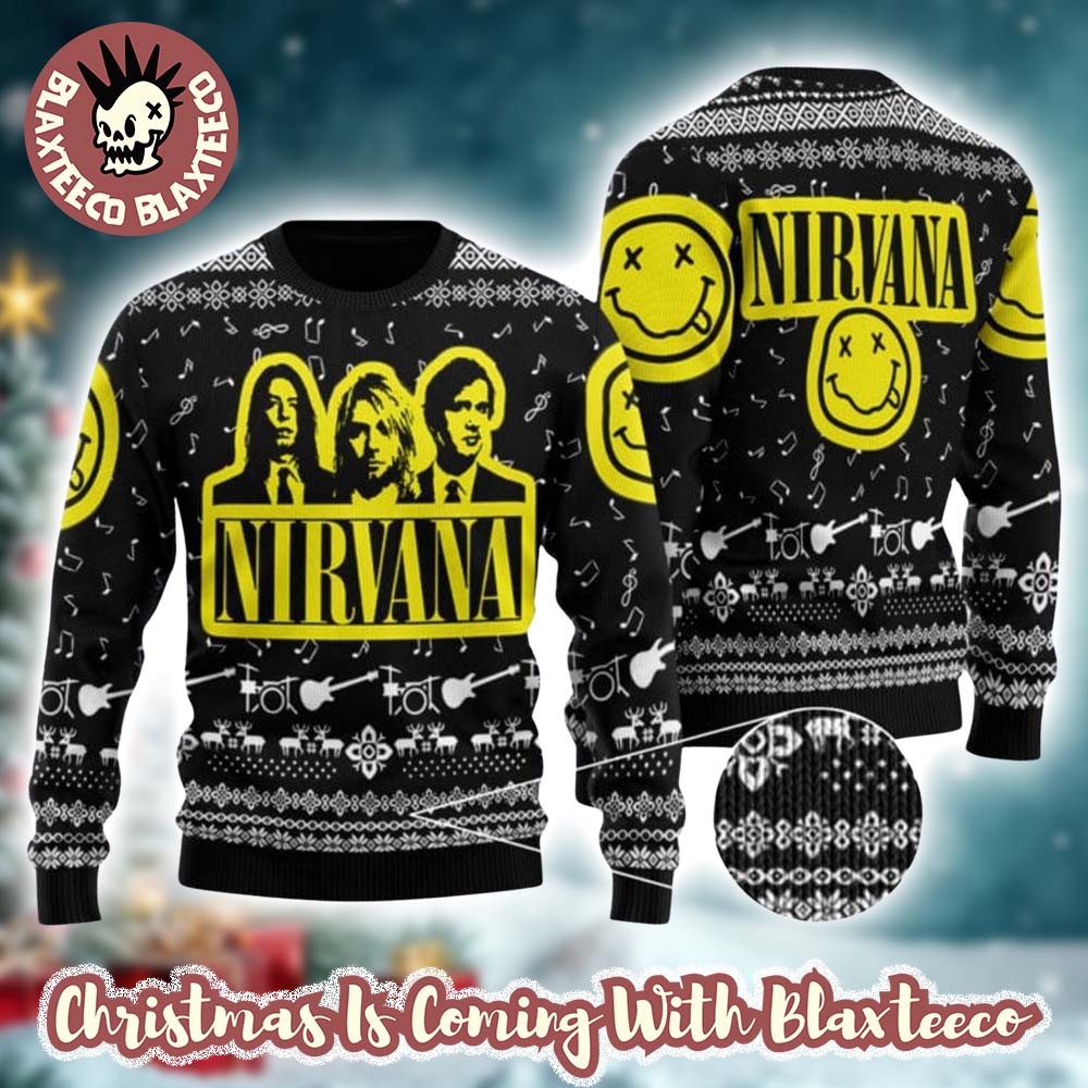 Nirvana Band Photo With Logo Classic Black Ugly Christmas Sweater - Holiday Gift product image